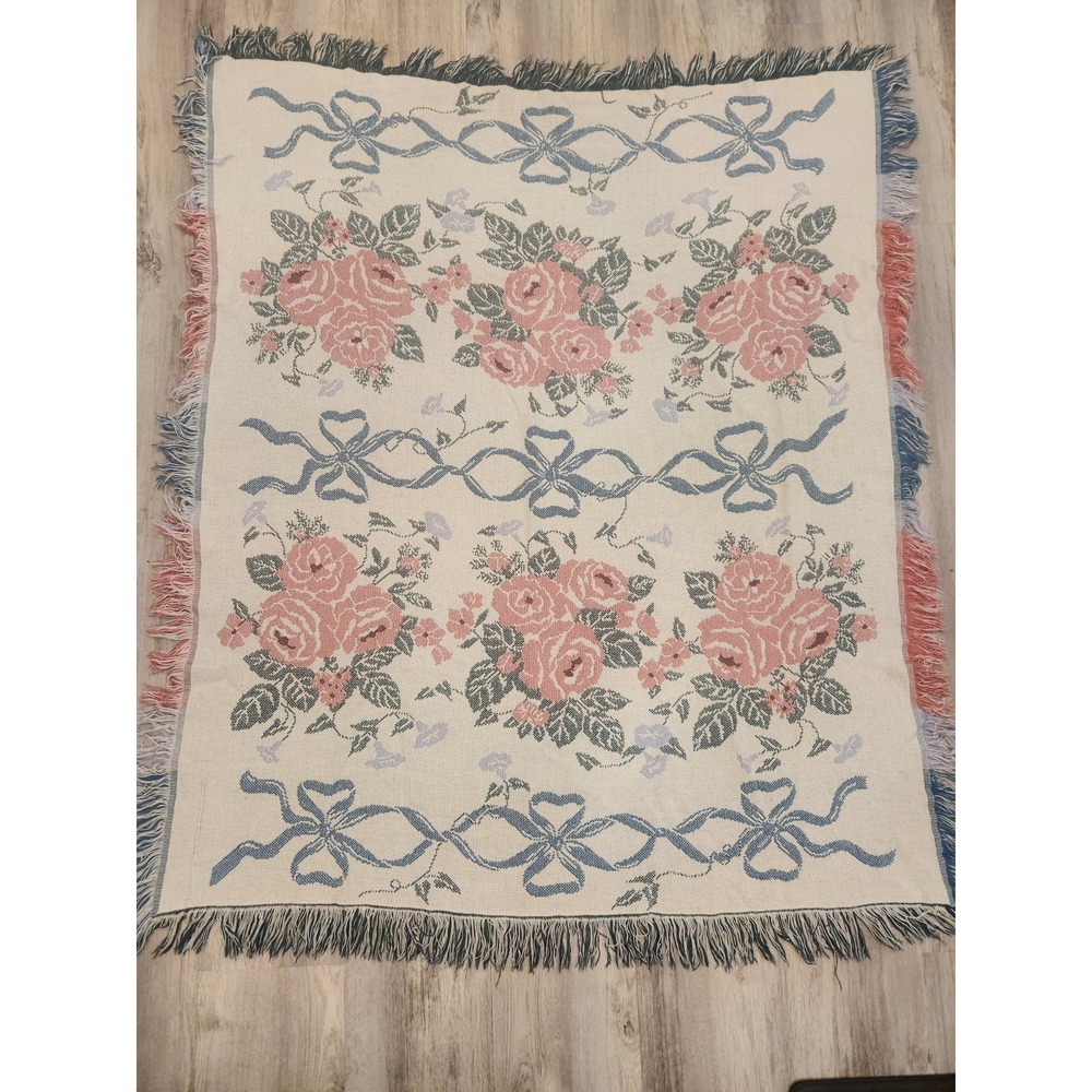Vtg Crown Crafts Woven Tapestry Throw Blanket Rises Ribbons Bows Pink Blue Cream